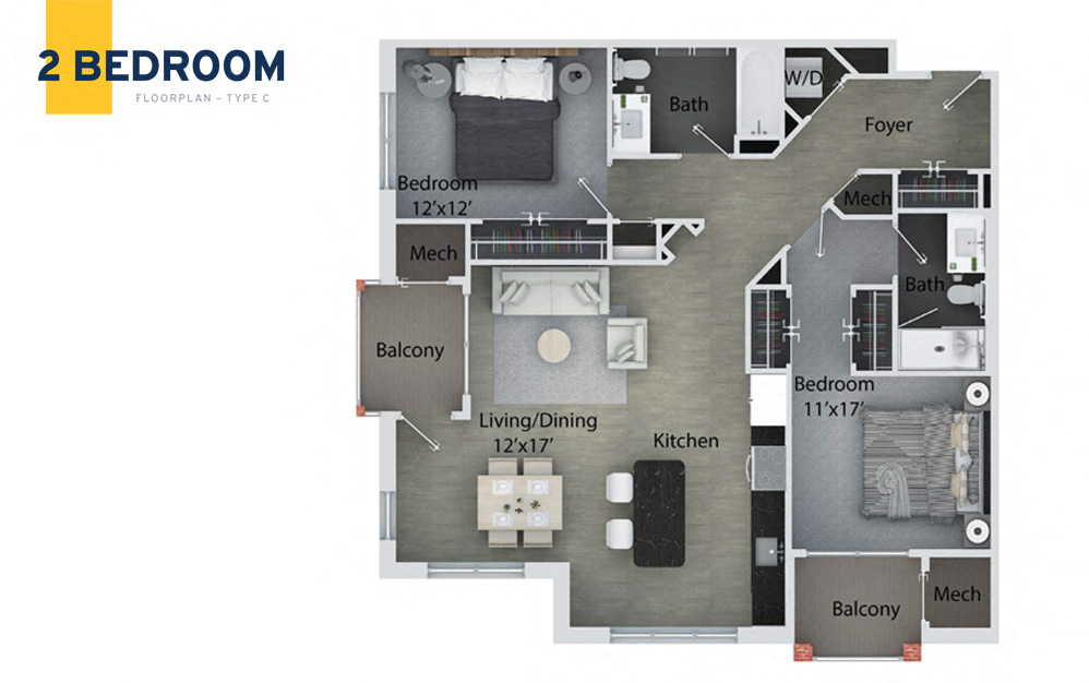 Floor plan for 2 beds, 2 baths, 1087 sqft